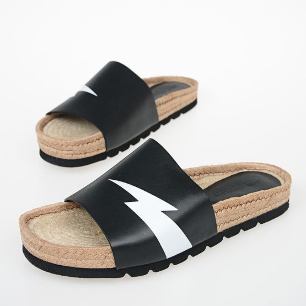 Neil Barrett Thunderbolt Leather Slide Sandals Black EU 42 US 9 NWT